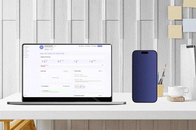 Resiliens Clinician Platform showing patient overview, treatment plans, and session notes